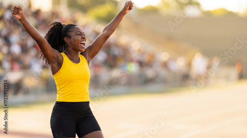 Wallpaper Mural Black woman athlete celebrating victory on a running track. Happy female winner with arms raised in stadium. Success and achievement in sports Torontodigital.ca