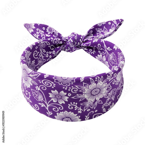 Purple bandana with white floral print and knotted bow on transparent background