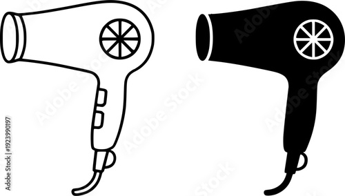 Technology icon, vector illustration of hair dryer, black and white in outline and silhouette design style