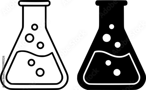 Science icon, vector illustration of erlenmeyer flask, black and white in outline and silhouette design style