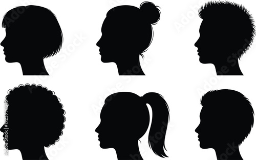 Collection of Male and Female Head Profile Silhouettes with Different Hairstyles Isolated on White Background