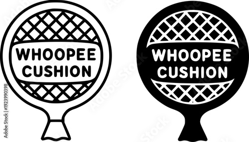 Vintage or antique icon, vector illustration of whoopee cushion, black and white in outline and silhouette design style