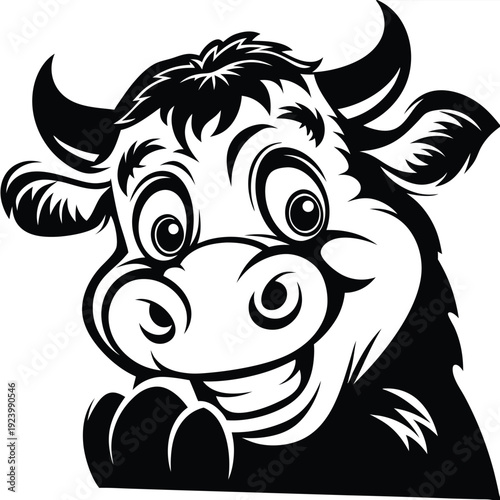Smiling bull head with horns and cute features is displayed within circular frame