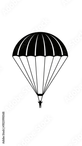 Parachute descending through clear sky.