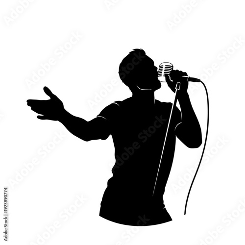Silhouette of man singing microphone.