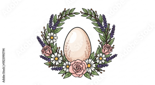 Easter egg surrounded by floral wreath with roses lavender and daisies on white background symbolizing spring and new life
