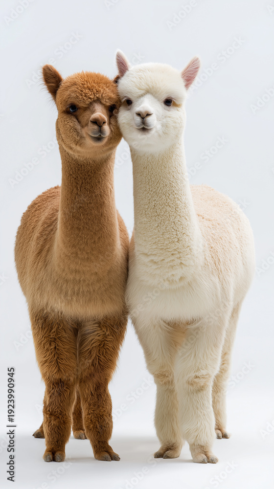 Fototapeta premium Two alpacas standing side by side isolated on white studio background
