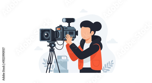 A professional young woman wearing a headset smiles warmly while working on her laptop in a bright modern office setting