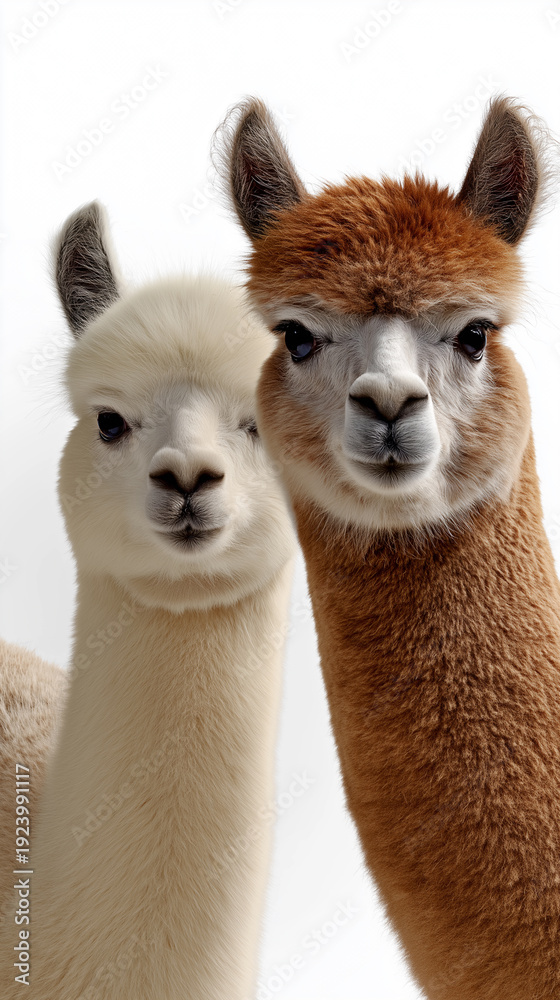 Fototapeta premium Two alpacas standing side by side isolated on white studio background