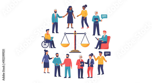 Diverse Community Advocating for Equality and Justice: Group of People with Scales of Law Representing Human Rights, Fairness, and Inclusivity