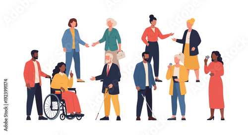 Diverse & Inclusive Group of People with Disabilities, Various Ages & Ethnicities Illustrating Community, Equality, and Accessibility.