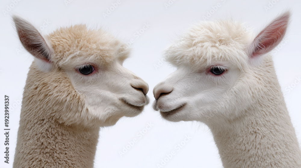 Fototapeta premium Two alpacas facing each other isolated on white background with soft studio lighting