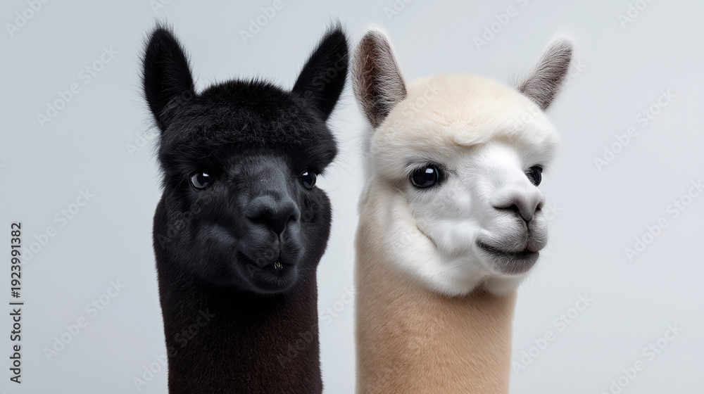 Fototapeta premium Black and white alpacas standing side by side isolated on white background