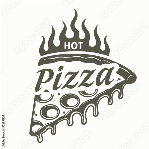 A gray pizza slice with hot flames above showcases dripping deliciousness