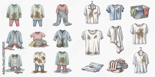 A collection of watercolor illustrations featuring various dirty and muddy clothes ready for laundry.