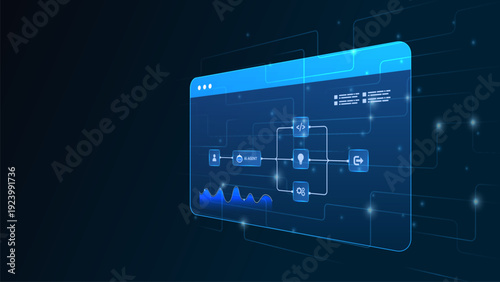 AI workflow automation artificial intelligence. ai agent workflow diagram dashboard with node input, flow process, analytic, database and automation system.