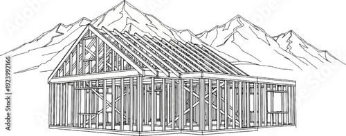 Sketch of house framing with mountains in the background