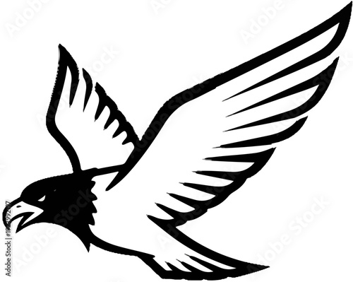 Stylized black and white drawing of a bird of prey in flight