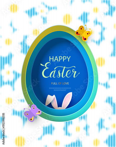 Easter card, website banner, poster, flyer, or cover. Trendy modern paper cut design featuring an Easter egg, spring flowers, and a bunny. Textured background. Vector illustration