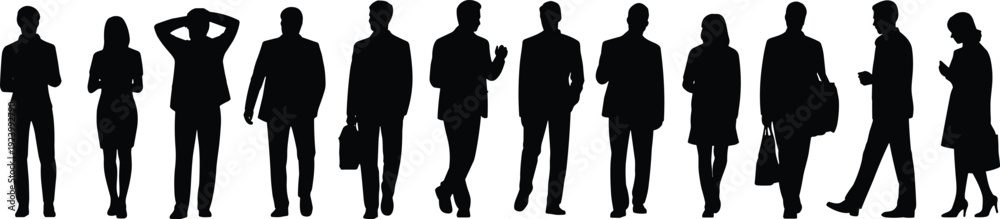 Fototapeta premium PrintBusiness professional silhouettes, corporate team, men and women, suits, dresses, briefcases, teamwork, leadership, confidence, office, career, organization, vector illustration