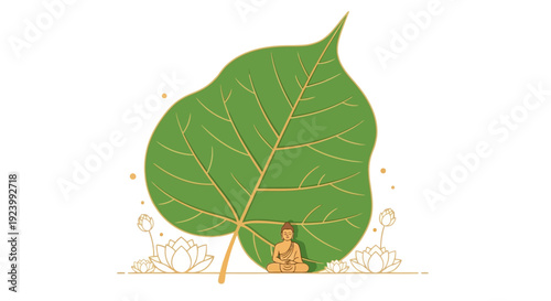 A serene scene of a person sitting under a large green leaf in nature.
