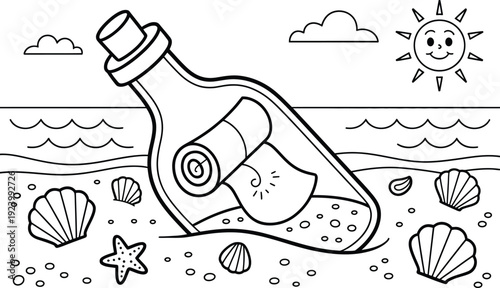 Colorful illustration of a message in a bottle on the beach with seashells and starfish
