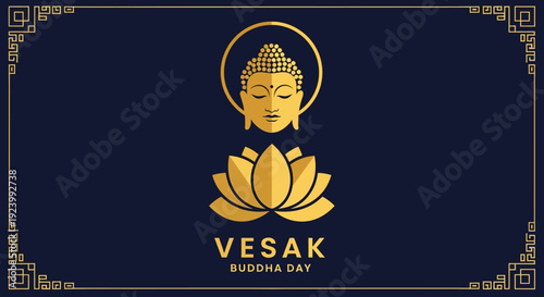 Buddha's face hovers above a golden lotus flower on a Vesak Day poster.
