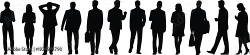 PrintBusiness professional silhouettes, corporate team, men and women, suits, dresses, briefcases, teamwork, leadership, confidence, office, career, organization, vector illustration