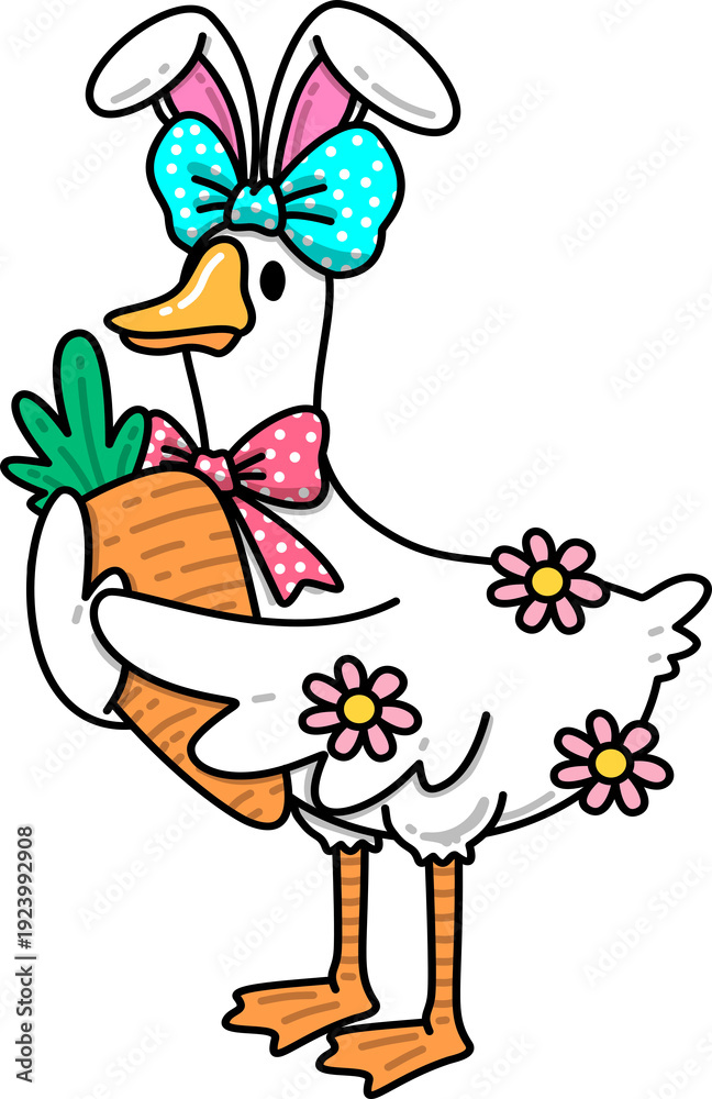 Naklejka premium Easter Goose Holding Carrots with Flowers Illustration