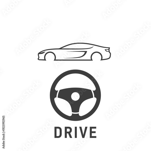Simple line drawing of a car and steering wheel with drive text.