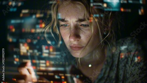 A young woman scrolling smartphone indoors, close-up on hands face, screen glow reflecting her skin, surreal endless digital feed swirling abstract notifications, floating icons, text dynamic light