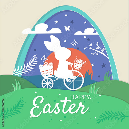 Happy easter background with paper cut bunny flowers and eggs vector illusttration