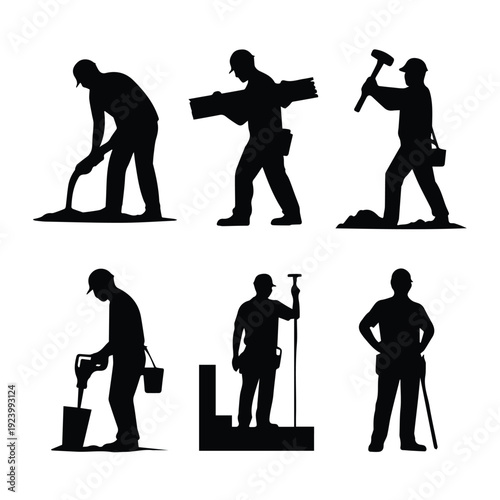A set of black silhouettes depicting construction workers in various poses and activities