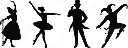 Silhouette Set of Ballet Dancer, Ballroom Woman, Magician in Top Hat and Jester Performer Isolated on White Background