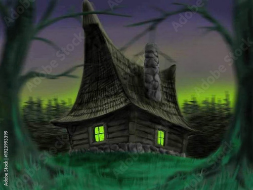 Dark Forest Pointed Roof Wooden Cottage Scene, eerie Fairy Tale Atmosphere Illustration