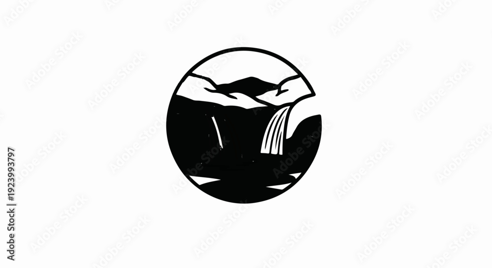 Obraz premium Stylized black and white circular emblem depicting a waterfall flowing from mountains