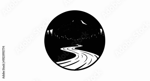 Stylized black and white circular graphic of a winding road through a forest towards mountains