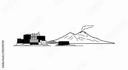 Stylized castle connected by bridge to smoking volcano on white background