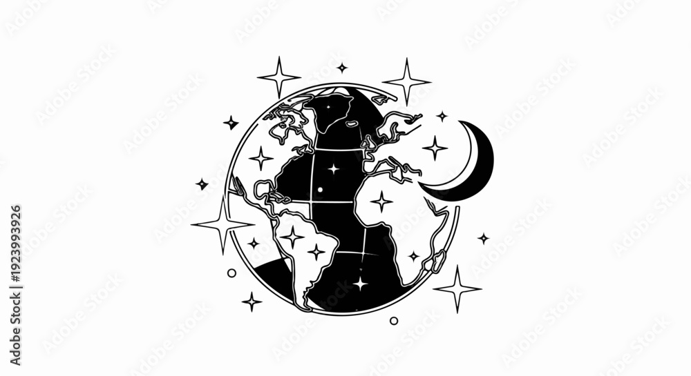 Fototapeta premium Stylized globe with crescent moon and stars in a celestial design