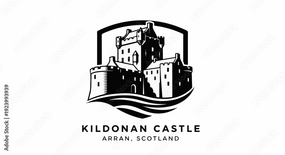 Naklejka premium Stylized black and white castle emblem with text below