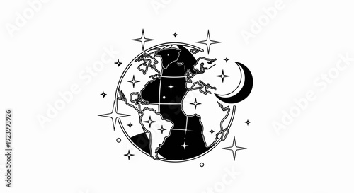 Stylized globe with crescent moon and stars in a celestial design