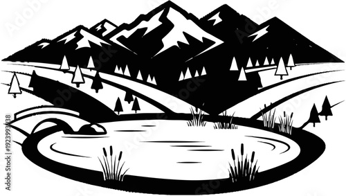 Stylized black and white landscape with mountains, trees, a pond, and a bridge