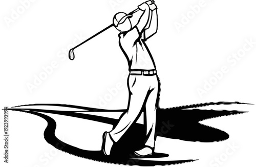 Stylized golfer mid-swing on a curved fairway