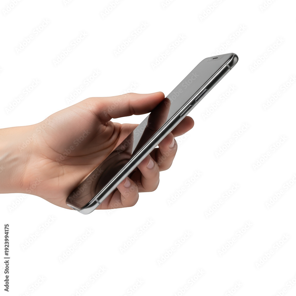 Naklejka premium A hand holding a smartphone in a portrait orientation isolated on transparent background