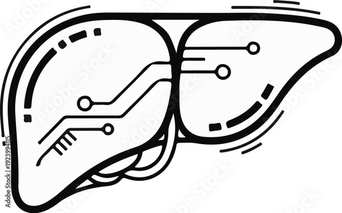 Stylized graphic representation of a human liver with circuit board elements