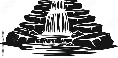 Stylized black and white graphic of a cascading waterfall over rocky ledges
