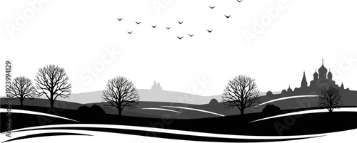 Stylized grayscale landscape with bare trees, rolling hills, distant church domes, and birds in flight