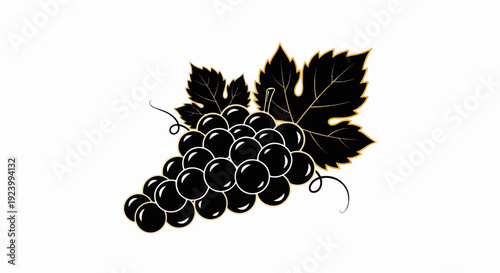 Stylized bunch of black grapes with dark leaves and gold trim