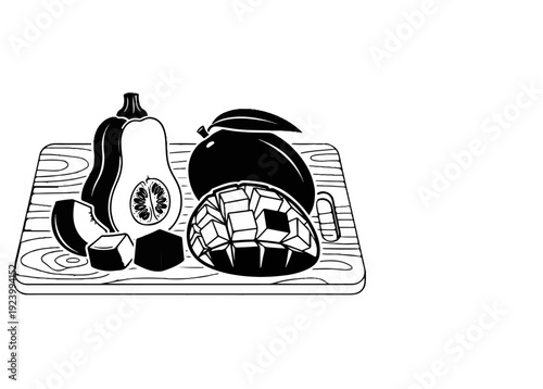 Sliced fruits and cubes on a wooden board