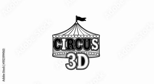 Stylized black and white graphic of a circus tent with text